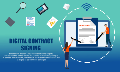 Landing page contract digital internet, business agreement. Legal arrangement. Employee hiring illustration 