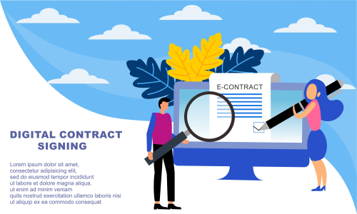 Landing page contract digital internet, business agreement. Legal arrangement. Employee hiring illustration 