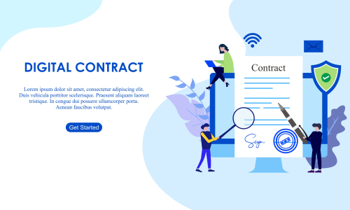 Landing page contract digital internet, business agreement. Legal arrangement. Employee hiring illustration 