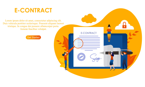 Landing page contract digital internet, business agreement. Legal arrangement. Employee hiring illustration 