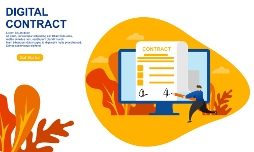 Landing page contract digital internet, business agreement. Legal arrangement. Employee hiring illustration 