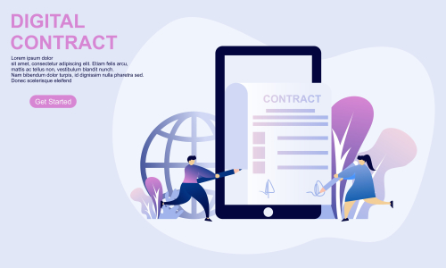 Landing page contract digital internet, business agreement. Legal arrangement. Employee hiring illustration 