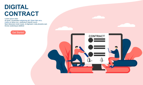 Landing page contract digital internet, business agreement. Legal arrangement. Employee hiring illustration 