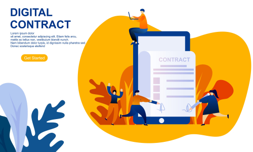 Landing page contract digital internet, business agreement. Legal arrangement. Employee hiring illustration 