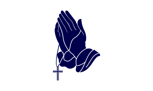 Praying hand holding cross. Religion, Church vector logo