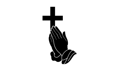 Praying hand holding cross. Religion, Church vector logo