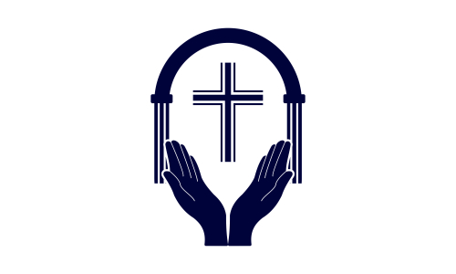 Praying hand holding cross. Religion, Church vector logo