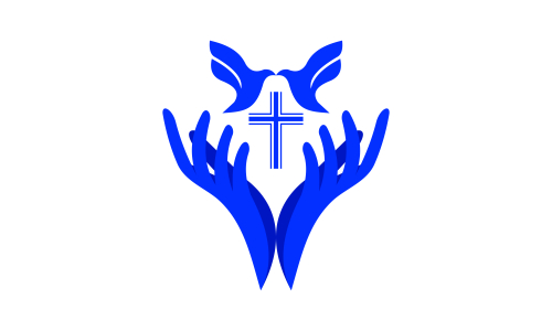 Praying hand holding cross. Religion, Church vector logo