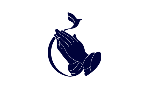 Praying hand holding cross. Religion, Church vector logo