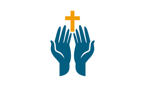 Praying hand holding cross. Religion, Church vector logo