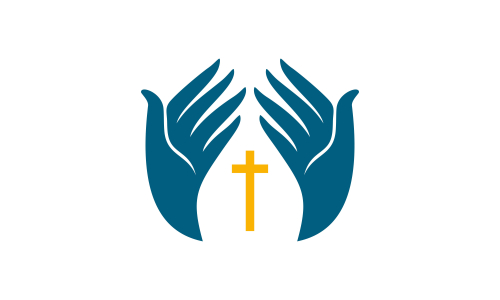 Praying hand holding cross. Religion, Church vector logo