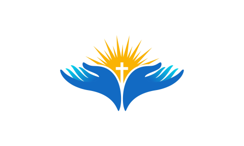 Praying hand holding cross. Religion, Church vector logo