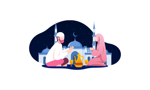 Delicious menu for iftar party are on the table with teapot illustration 