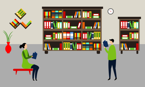 Library books and people reading in bookshop vector flat design