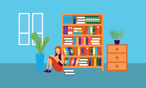 Library books and people reading in bookshop vector flat design