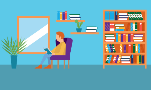 Library books and people reading in bookshop vector flat design