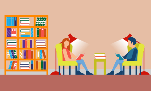 Library books and people reading in bookshop vector flat design