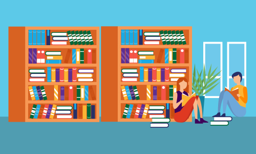 Library books and people reading in bookshop vector flat design