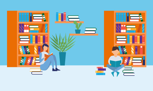 Library books and people reading in bookshop vector flat design