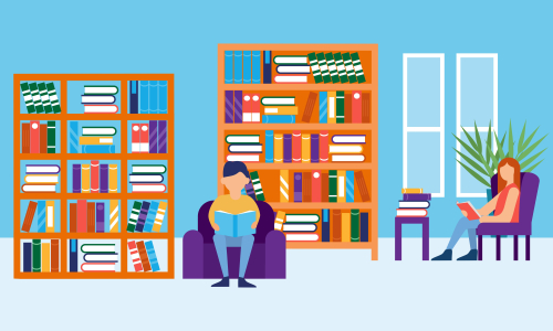 Library books and people reading in bookshop vector flat design