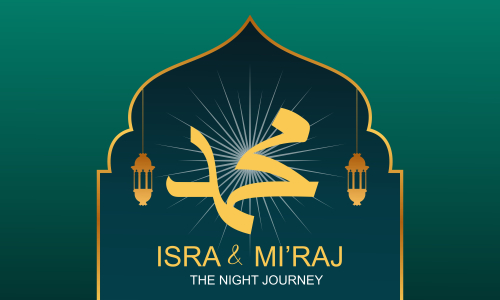 Al-isra wal mi'raj means the night journey of prophet muhammad brochure or background template