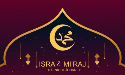 Al-isra wal mi'raj means the night journey of prophet muhammad brochure or background template