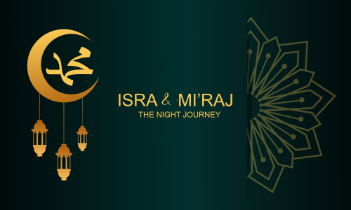 Al-isra wal mi'raj means the night journey of prophet muhammad brochure or background template