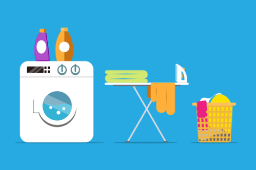 Laundry room equipment. Laundry room, washing machine, basket, iron, ironing board, drying clothes,