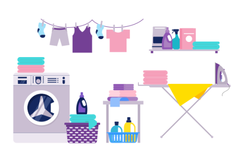 Laundry room equipment. Laundry room, washing machine, basket, iron, ironing board, drying clothes,