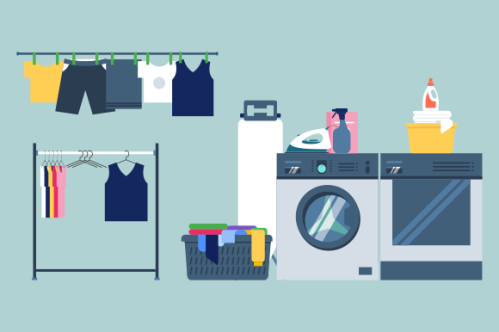 Laundry room equipment. Laundry room, washing machine, basket, iron, ironing board, drying clothes,