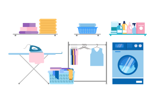 Laundry room equipment. Laundry room, washing machine, basket, iron, ironing board, drying clothes,