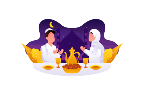 Flat Design Iftar Eating After Fasting feast party concept. Muslim family dinner on Ramadan Kareem