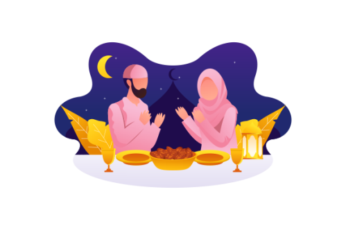 Flat Design Iftar Eating After Fasting feast party concept. Muslim family dinner on Ramadan Kareem