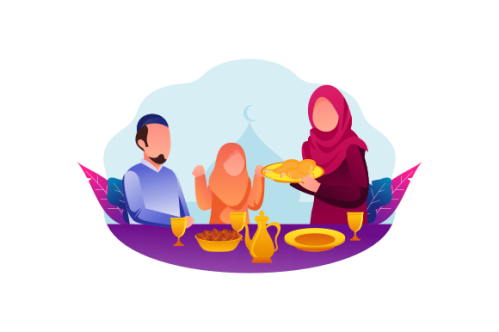 Flat Design Iftar Eating After Fasting feast party concept. Muslim family dinner on Ramadan Kareem