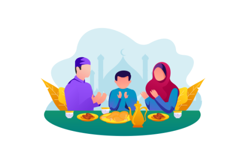 Flat Design Iftar Eating After Fasting feast party concept. Muslim family dinner on Ramadan Kareem