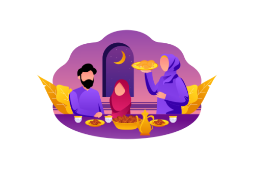 Flat Design Iftar Eating After Fasting feast party concept. Muslim family dinner on Ramadan Kareem