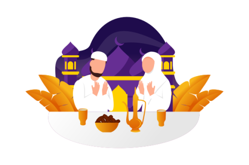 Flat Design Iftar Eating After Fasting feast party concept. Muslim family dinner on Ramadan Kareem