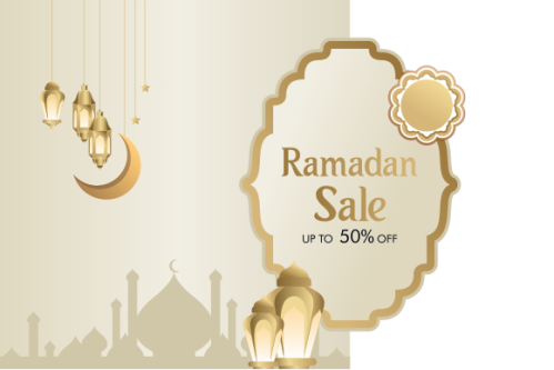 Ramadan sale header or banner design with mosque, hanging lanterns and flat discount offer