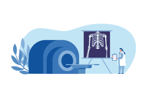 Radiologist concept illustration. Doctor examine x-ray image of human body with computed tomography,