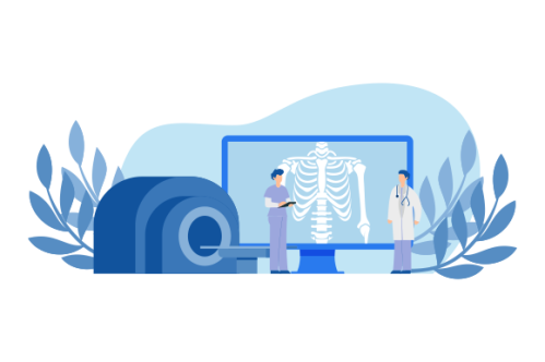 Radiologist concept illustration. Doctor examine x-ray image of human body with computed tomography,