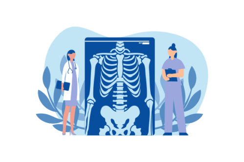 Radiologist concept illustration. Doctor examine x-ray image of human body with computed tomography,