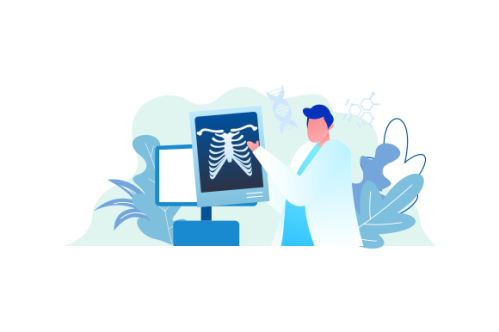 Radiologist concept illustration. Doctor examine x-ray image of human body with computed tomography,