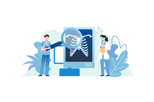 Radiologist concept illustration. Doctor examine x-ray image of human body with computed tomography,