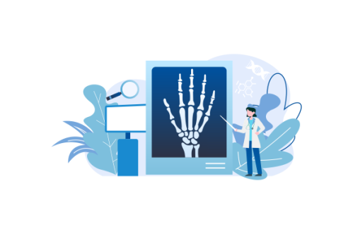 Radiologist concept illustration. Doctor examine x-ray image of human body with computed tomography,