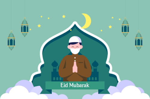 Flat eid al-fitr with people use face mask illustration