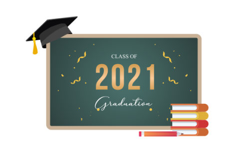 Graduation congratulations class of 2021 with graduation cap hat